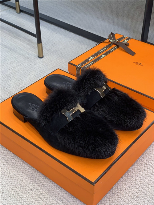 hermes mink loafers slippers