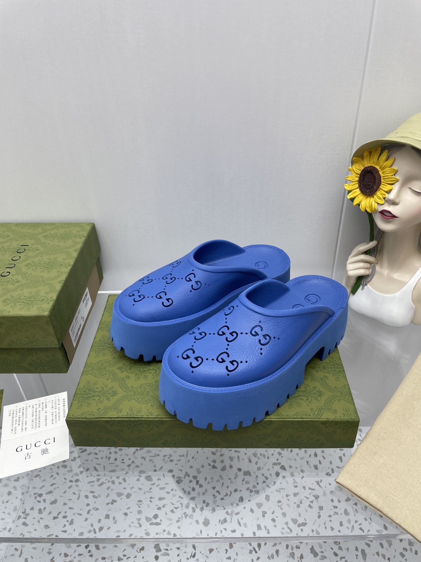 Gucci GG Slides perforated carved shoes blue - Image 2