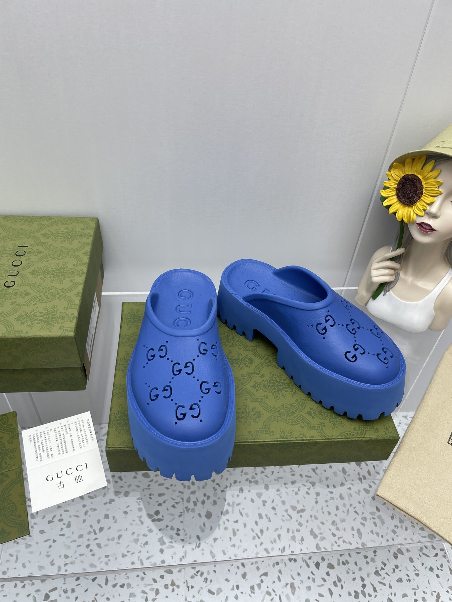 Gucci GG Slides perforated carved shoes blue - Image 4