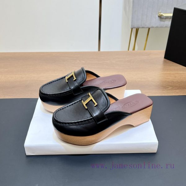 peep toe πεδιλο | TODS New Solid Wood Bottom Slippers Mueller Slippers Half Towed Wooden Covered Slippers With He caoouski | μποτακια γυναικεια δερματινα μπεζ