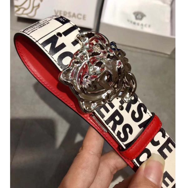 Versace Tabloid Print Reversible Palazzo Belt With Silver Buckle - Image 5