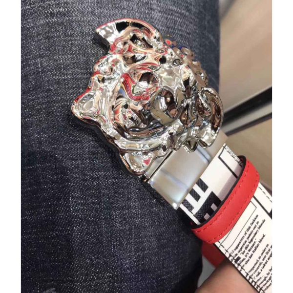 Versace Tabloid Print Reversible Palazzo Belt With Silver Buckle - Image 6