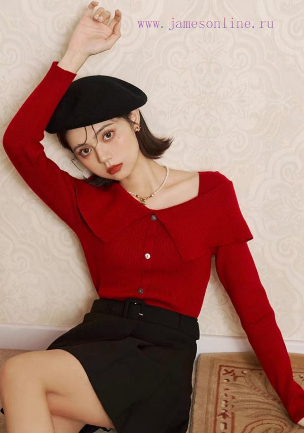 Sweet and youthful ruffled square neck long sleeved knitted sweater with unique temperament, g8om5q0p