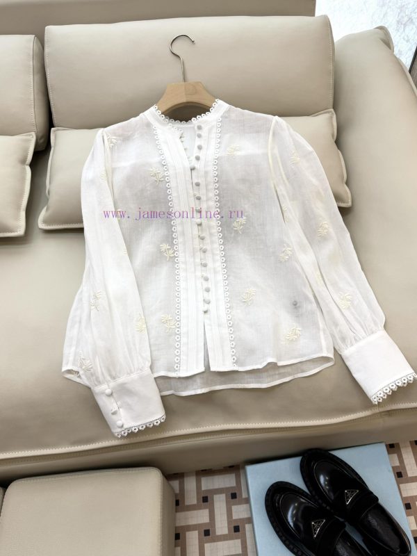 BG001 new shirt ️Zim... 100% Ramie Heavy Industry Embroidered Lace Long Sleeve Shirt Pink an f8r3g37x