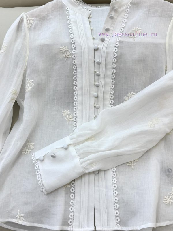 BG001 new shirt ️Zim... 100% Ramie Heavy Industry Embroidered Lace Long Sleeve Shirt Pink an f8r3g37x - Image 5