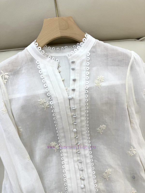 BG001 new shirt ️Zim... 100% Ramie Heavy Industry Embroidered Lace Long Sleeve Shirt Pink an f8r3g37x - Image 6